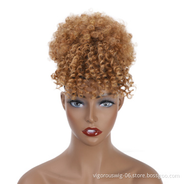 Vigorous High Quality Cheap Price Kinky Curly Updo Hairpieces Fluffy Chignon With Bang For Black Women Synthetic Afro Hair Bun